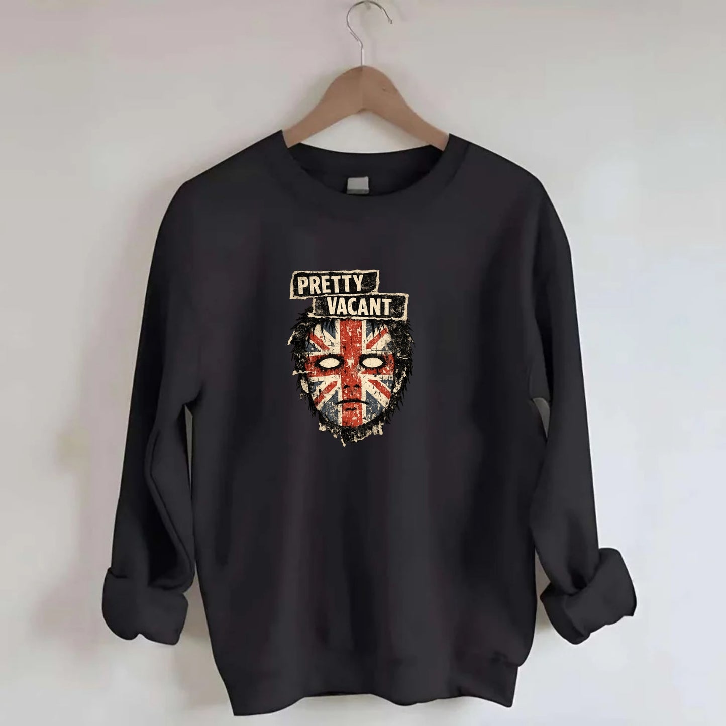 PRETTY VACANT | Blank stare Union Jack face | Empty expression | Punk - Crewneck Sweatshirt - black