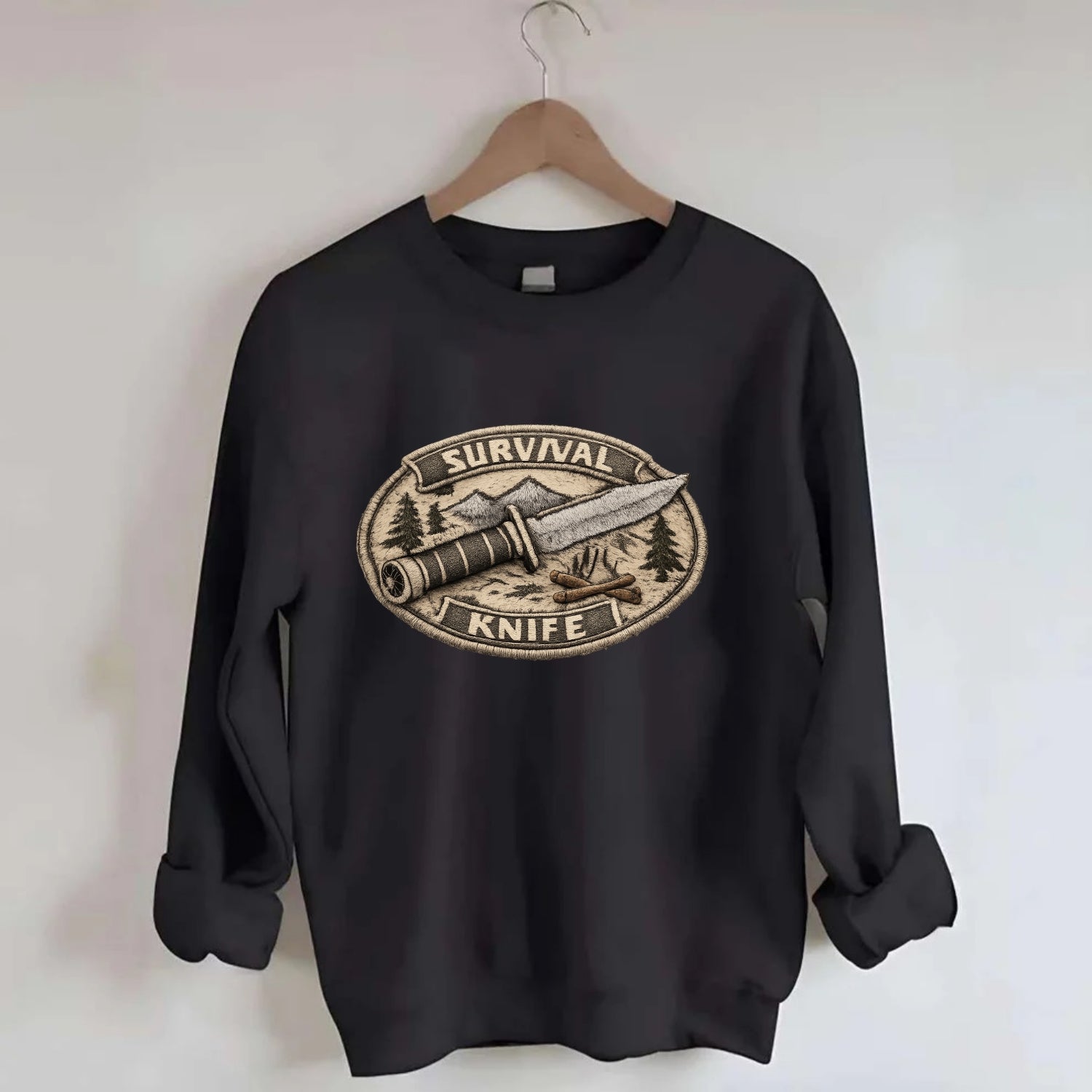 SURVIVAL KNIFE - fixed blade with compass in silver and black , bushcraft - Crewneck Sweatshirt - black