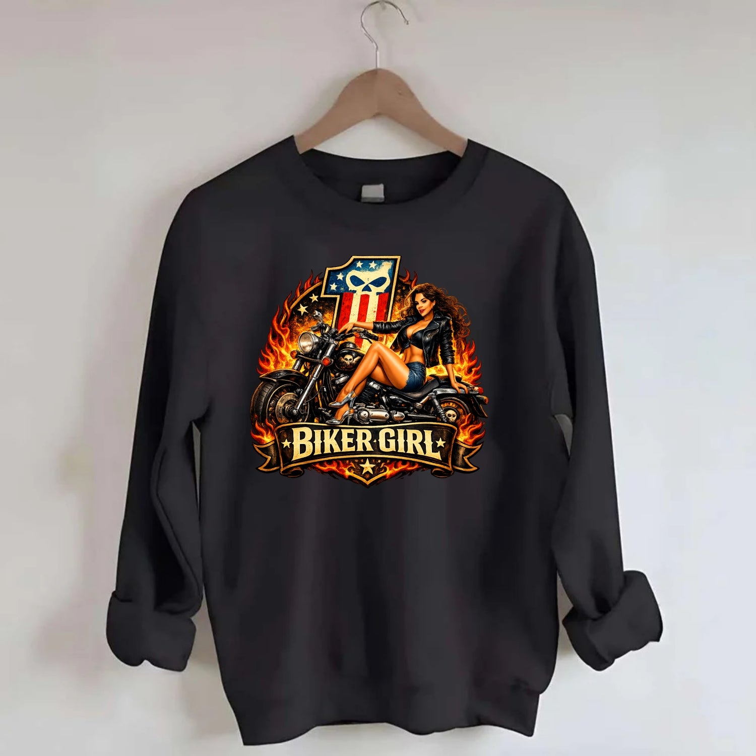 Vintage Biker Pin Up - Crewneck Sweatshirt - black