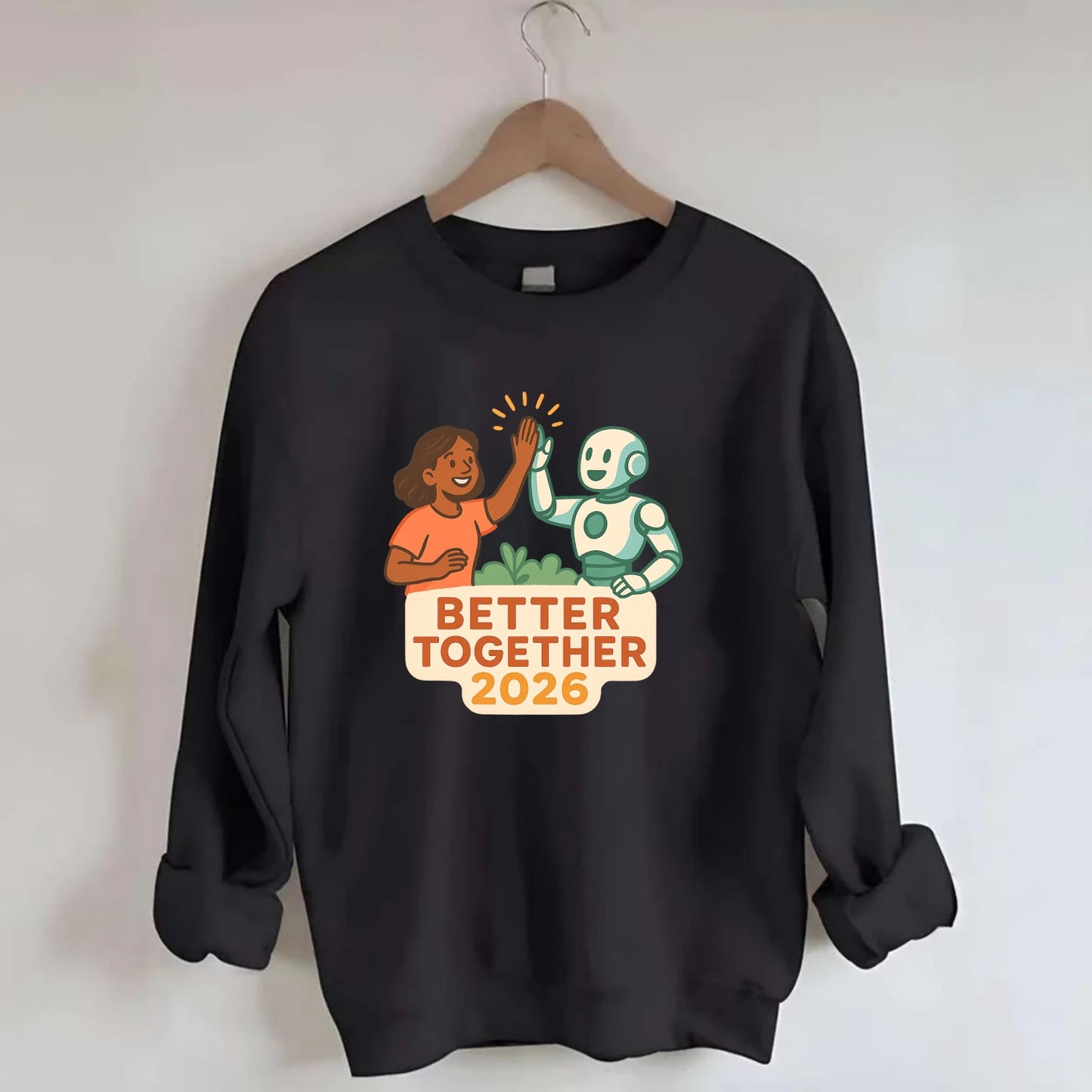 Human and AI robot high-fiving as collaborative partners - "Better Together - Crewneck Sweatshirt - black