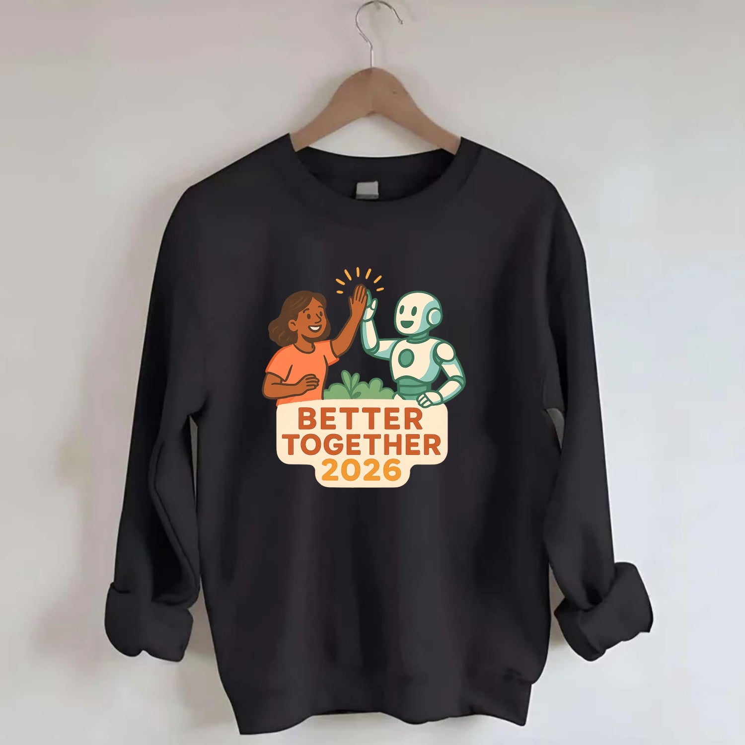 Human and AI robot high-fiving as collaborative partners - "Better Together - Crewneck Sweatshirt - black