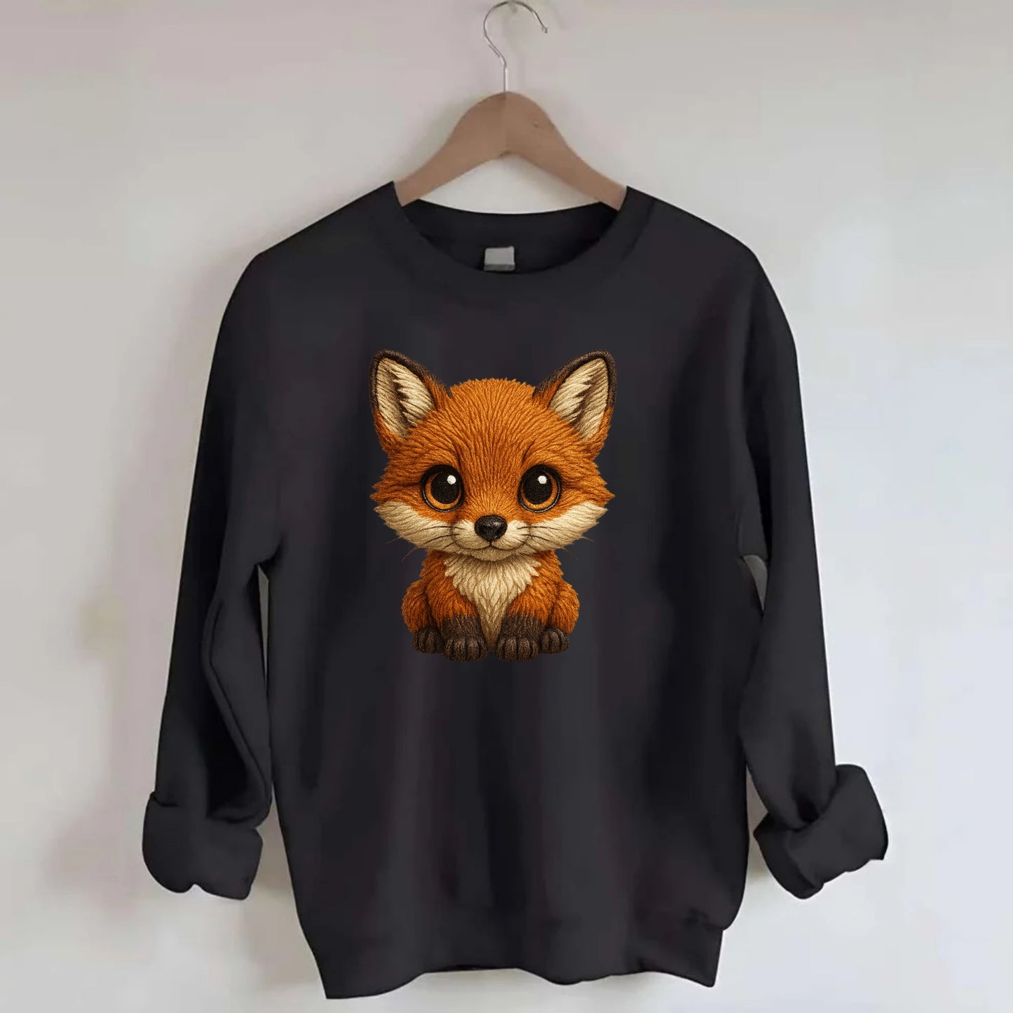 Baby Red Fox - russet fur, white chest, big amber eyes, perky ears, - Crewneck Sweatshirt - black