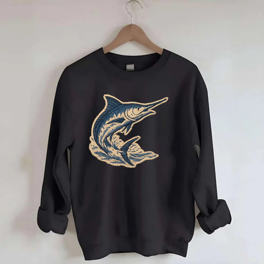 SWORDFISH MARLIN - leaping marlin in blue and silver , sport fishing - Crewneck Sweatshirt - black