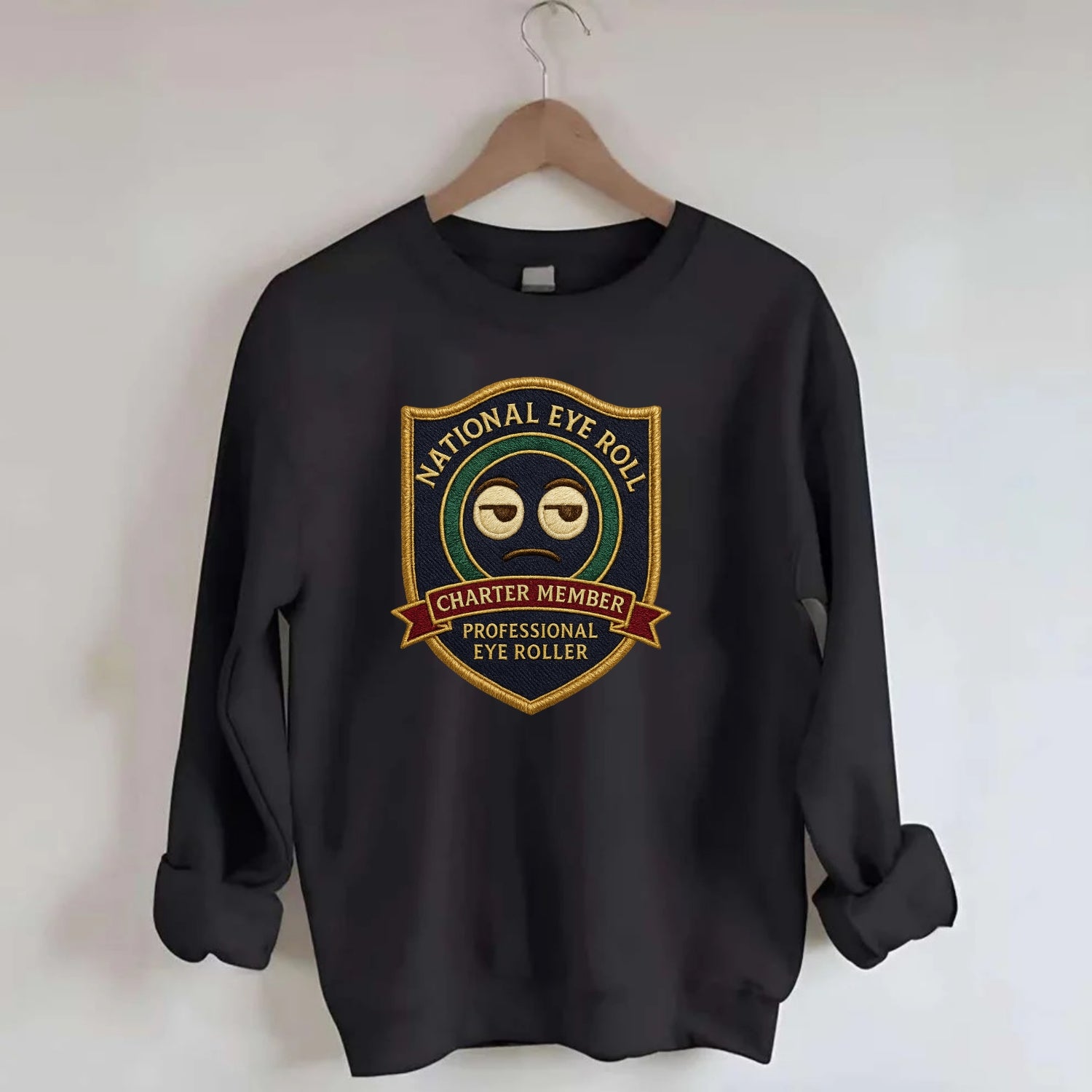 Crest with eye roll icon - "National Eye Roll Association - Charter Member" - - Crewneck Sweatshirt - black