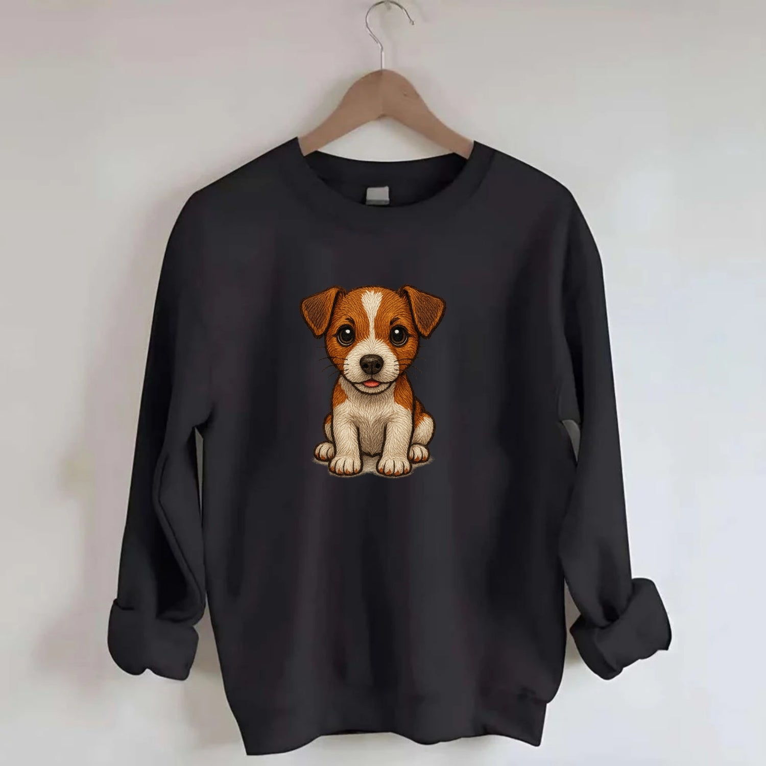 Baby Jack Russell Terrier Puppy - white with markings, alert ears, energetic - Crewneck Sweatshirt - black