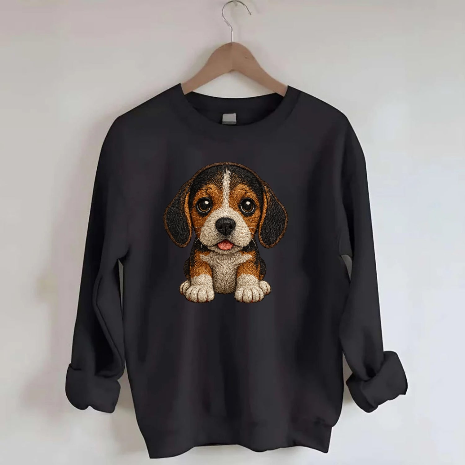 Baby Beagle Puppy - tricolor coat, long droopy ears, big pleading eyes, - Crewneck Sweatshirt - black