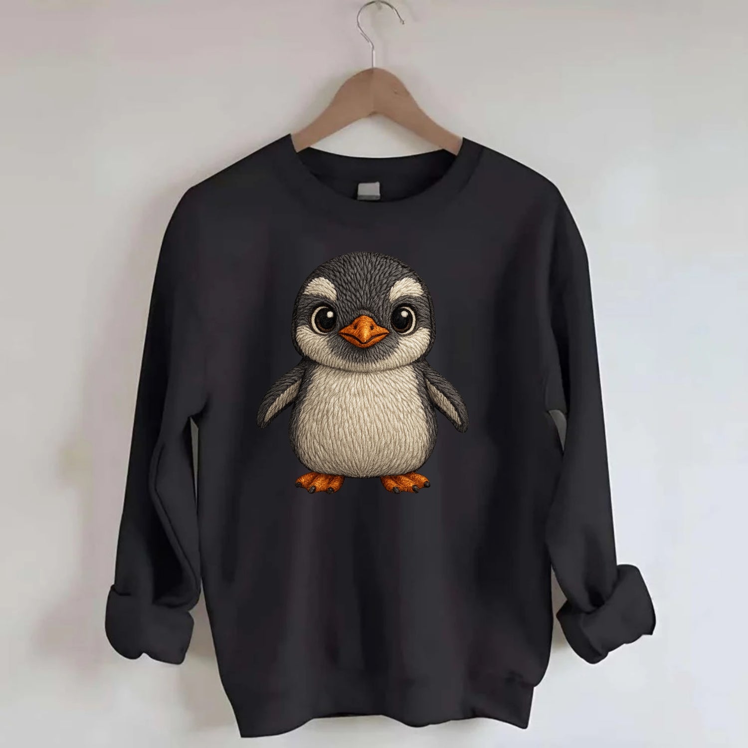 Baby Gentoo Penguin - orange beak, white cap, bright eyes, front-facing, - Crewneck Sweatshirt - black