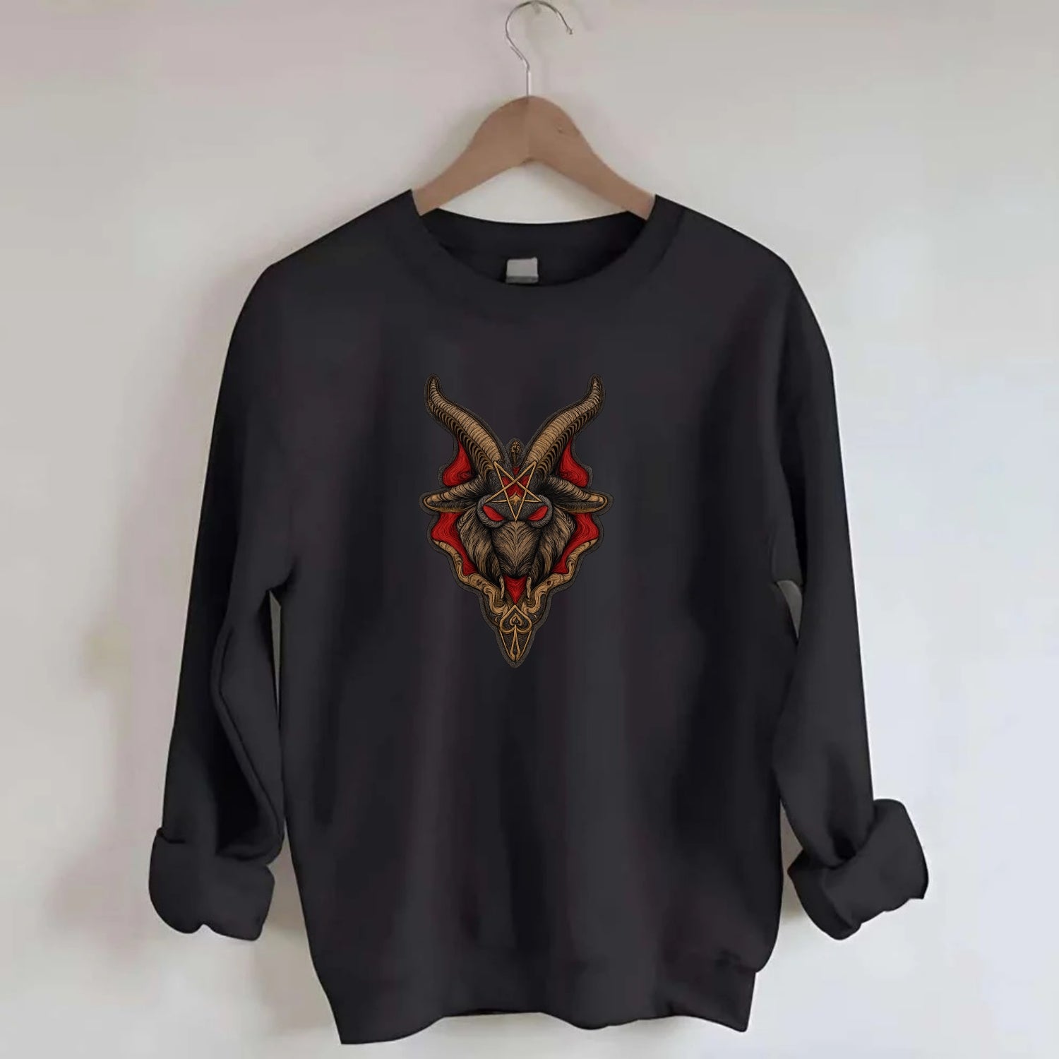 BAPHOMET HEAD - goat head symbol in black and red , occult - Crewneck Sweatshirt - black