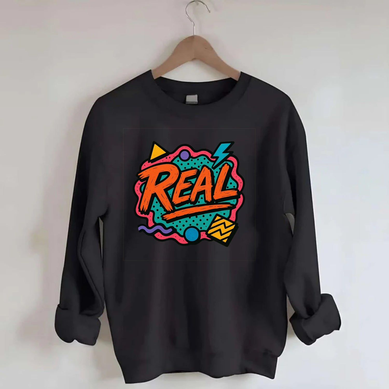 Imperfect brush strokes spelling "Real" - authenticity over perfection, raw - Crewneck Sweatshirt - black
