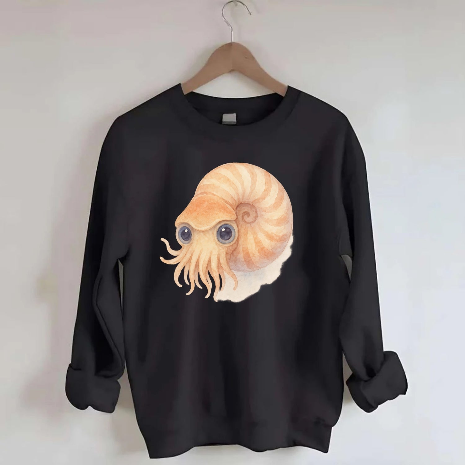 Baby Nautilus - spiral shell, tentacles peeking, ancient eyes, front-facing, - Crewneck Sweatshirt - black
