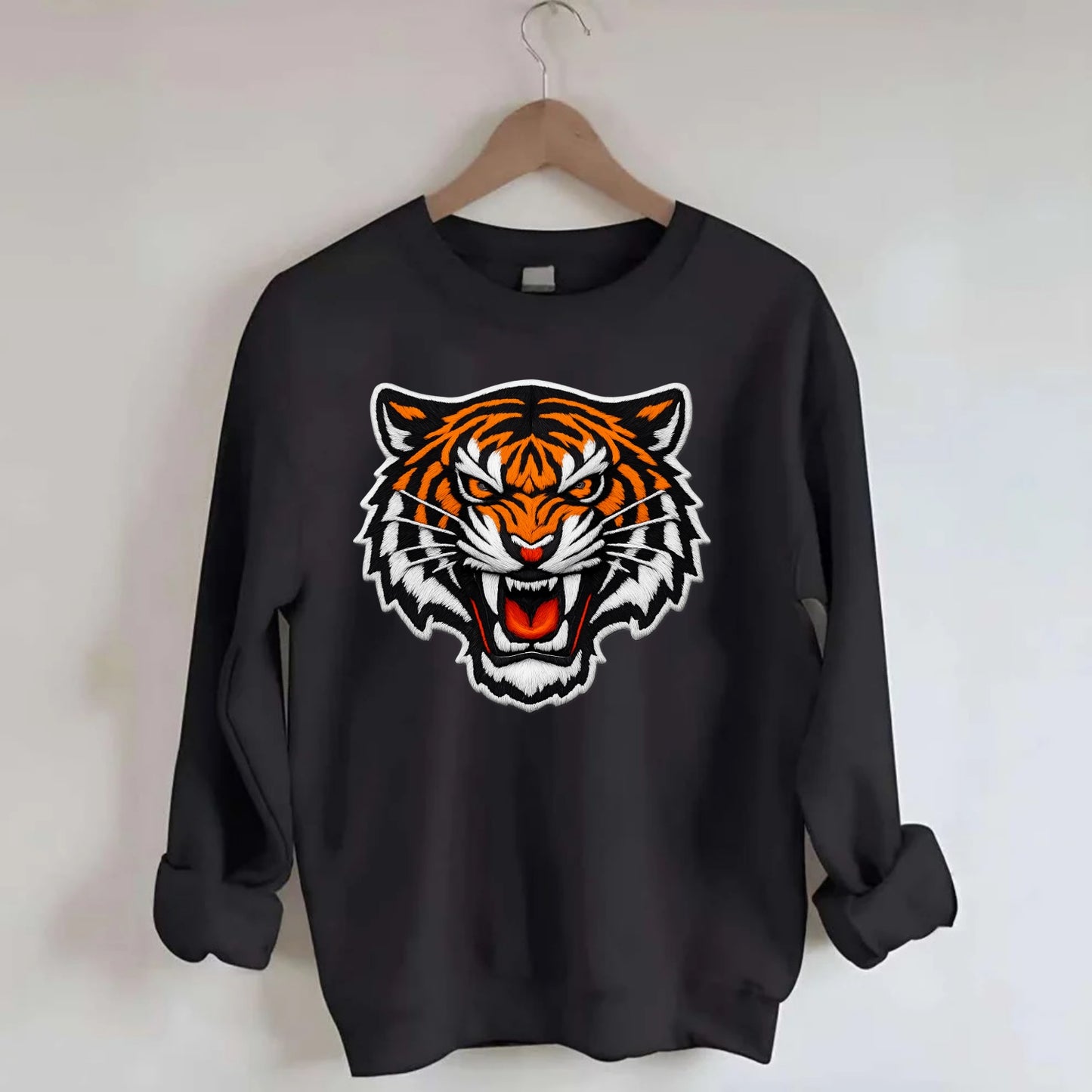 TIGER STRIPES FACE - fierce tiger face in orange, black and white , predator - Crewneck Sweatshirt - black