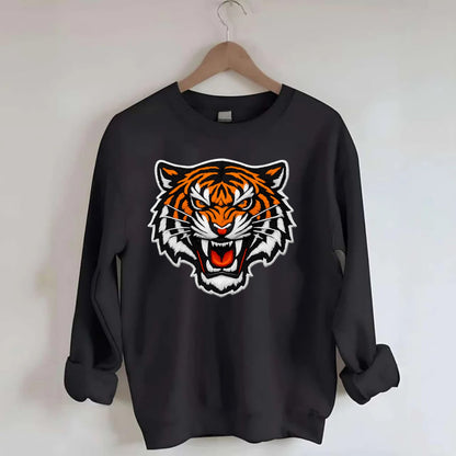 TIGER STRIPES FACE - fierce tiger face in orange, black and white , predator - Crewneck Sweatshirt - black