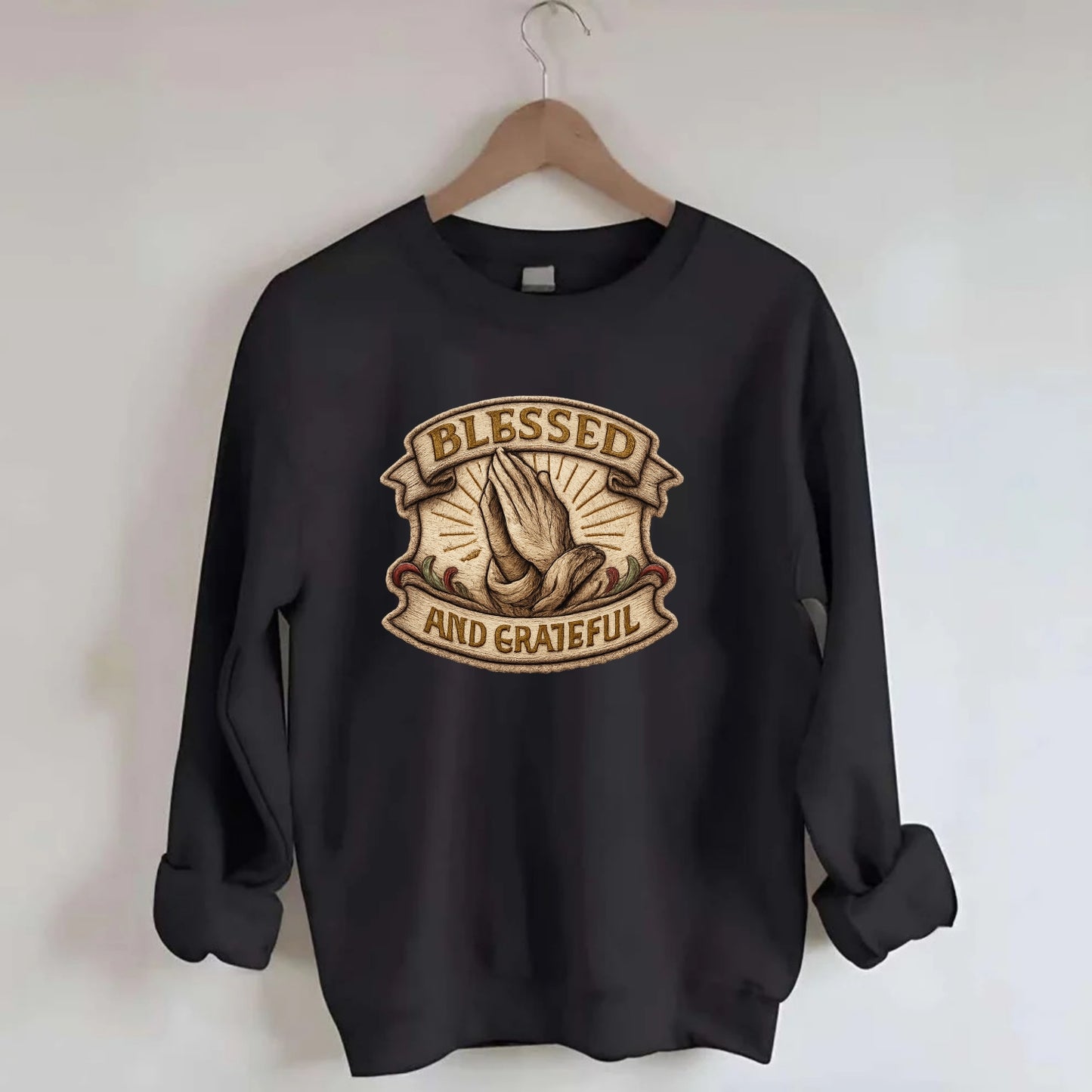 BLESSED AND GRATEFUL - praying hands with text in gold , thankful - Crewneck Sweatshirt - black