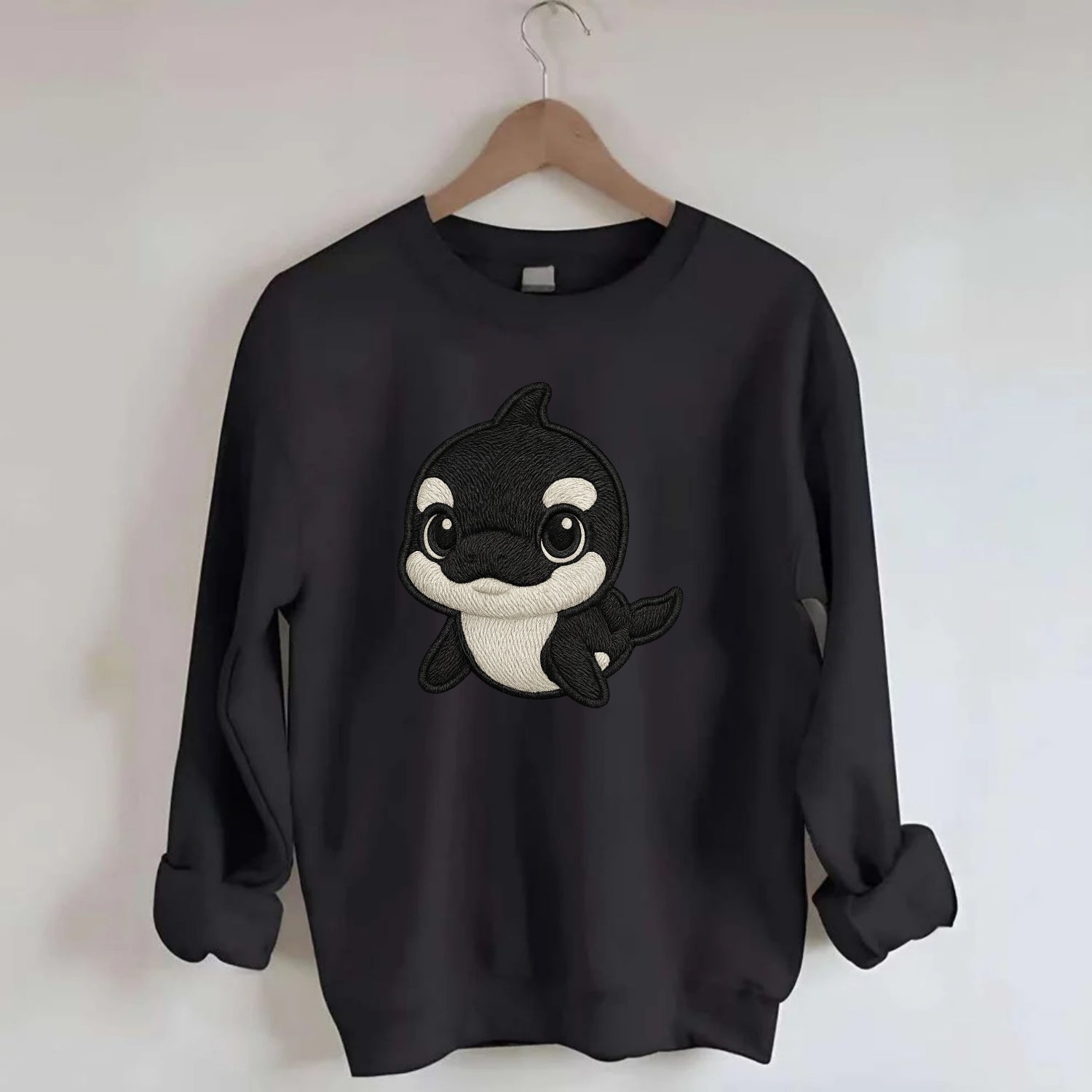 Baby Orca - black and white pattern, white eye patch, front-facing, curious - Crewneck Sweatshirt - black