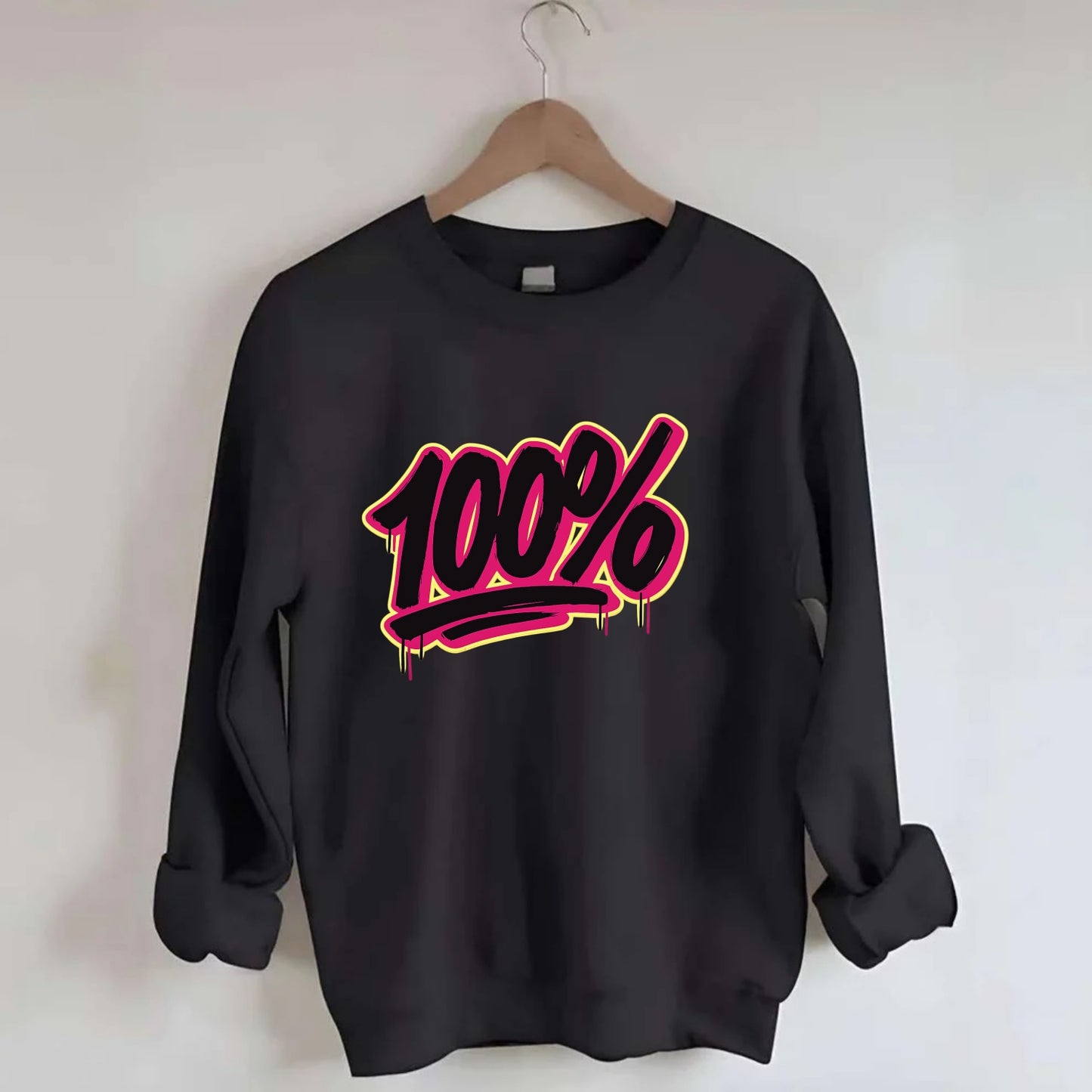 Bold typography design - "100%" - all in, fully committed - Crewneck Sweatshirt - black