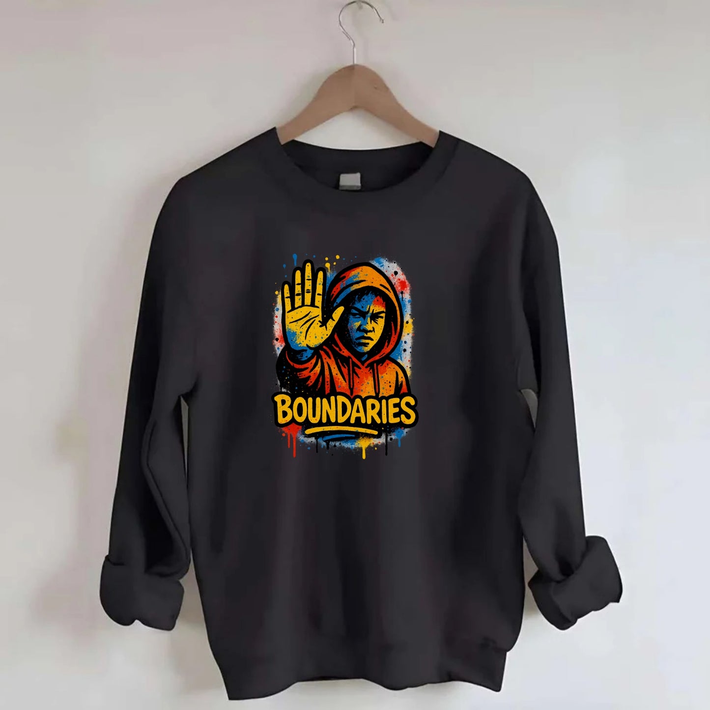 Person holding up hand in "stop" gesture - setting boundaries concept, - Crewneck Sweatshirt - black