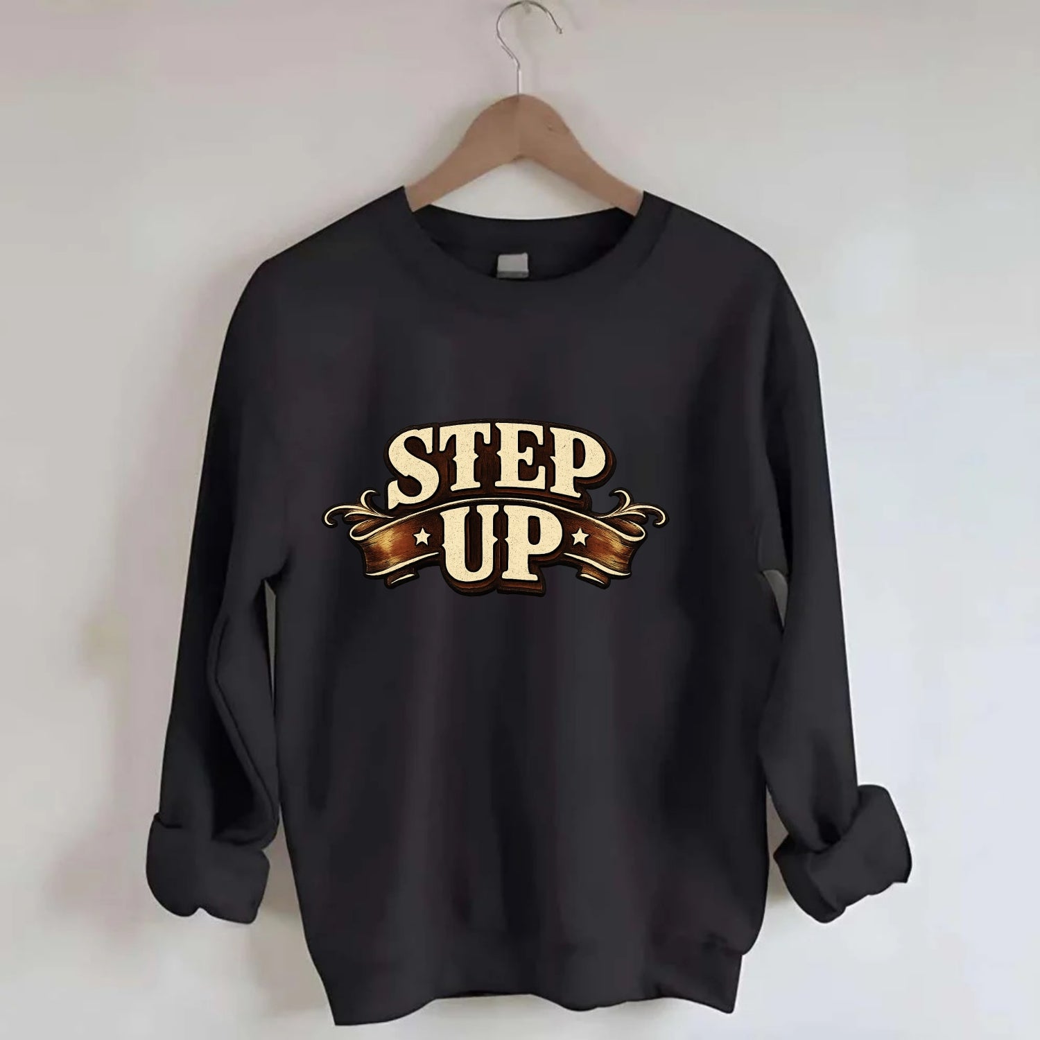 Bold typography design - "STEP UP" - rise to occasion, take charge - Crewneck Sweatshirt - black