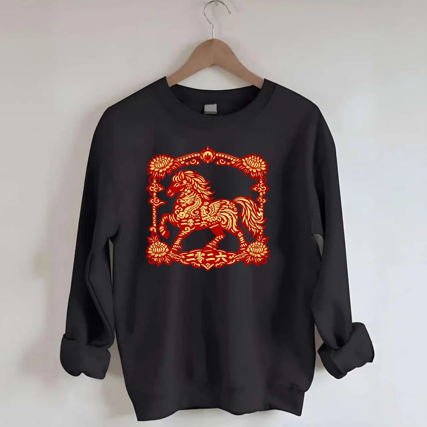 HORSE | Silk style horse design | Gold and silver thread appearance | Phoenix - Crewneck Sweatshirt - black