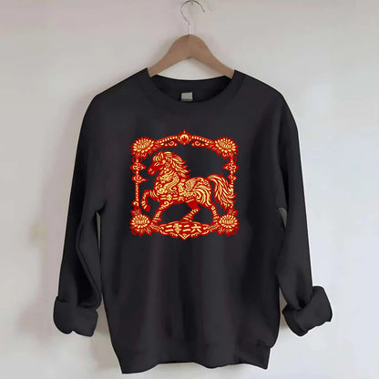 HORSE | Silk style horse design | Gold and silver thread appearance | Phoenix - Crewneck Sweatshirt - black