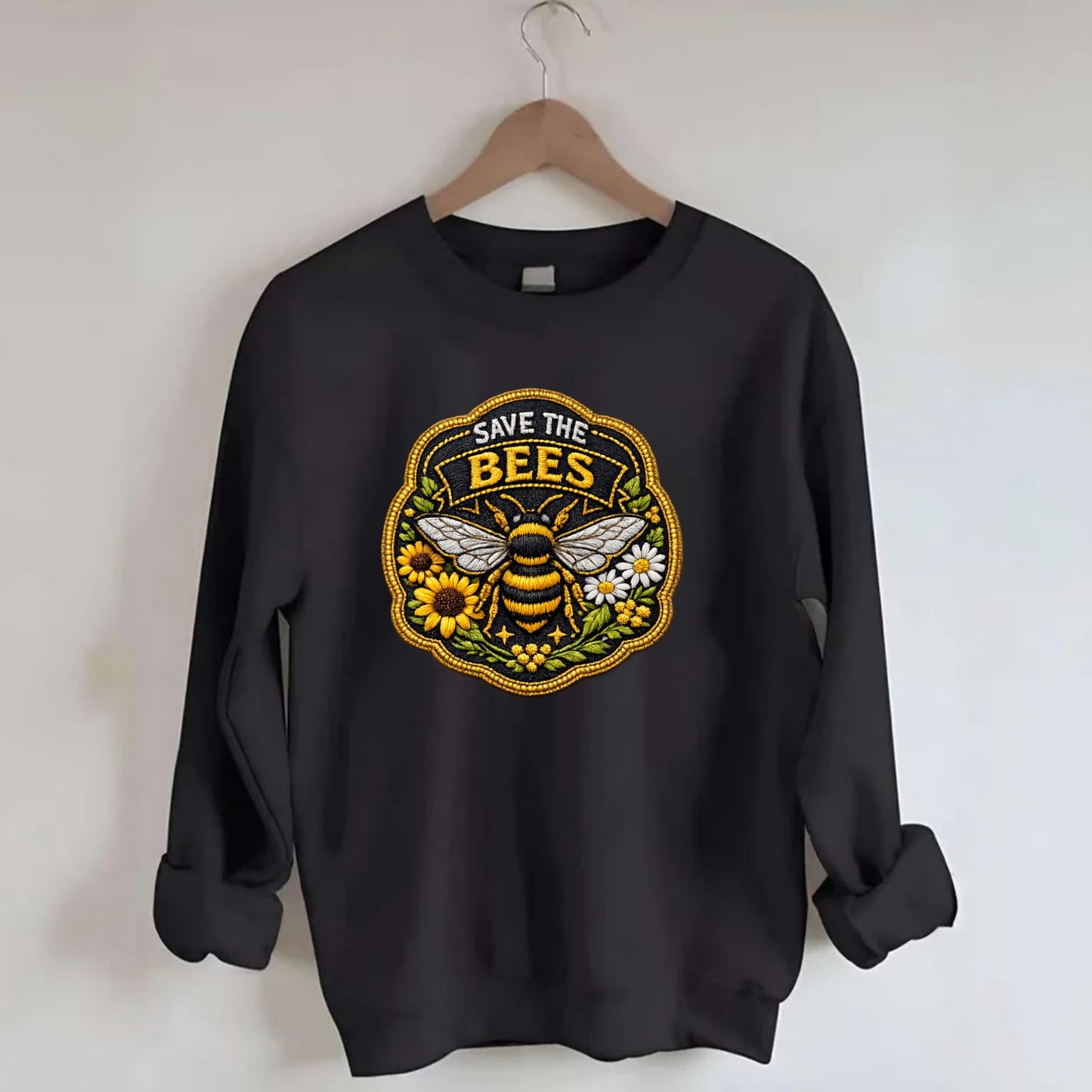 SAVE THE BEES - bee with flowers in yellow , pollinator protection - Crewneck Sweatshirt - black