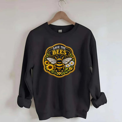SAVE THE BEES - bee with flowers in yellow , pollinator protection - Crewneck Sweatshirt - black