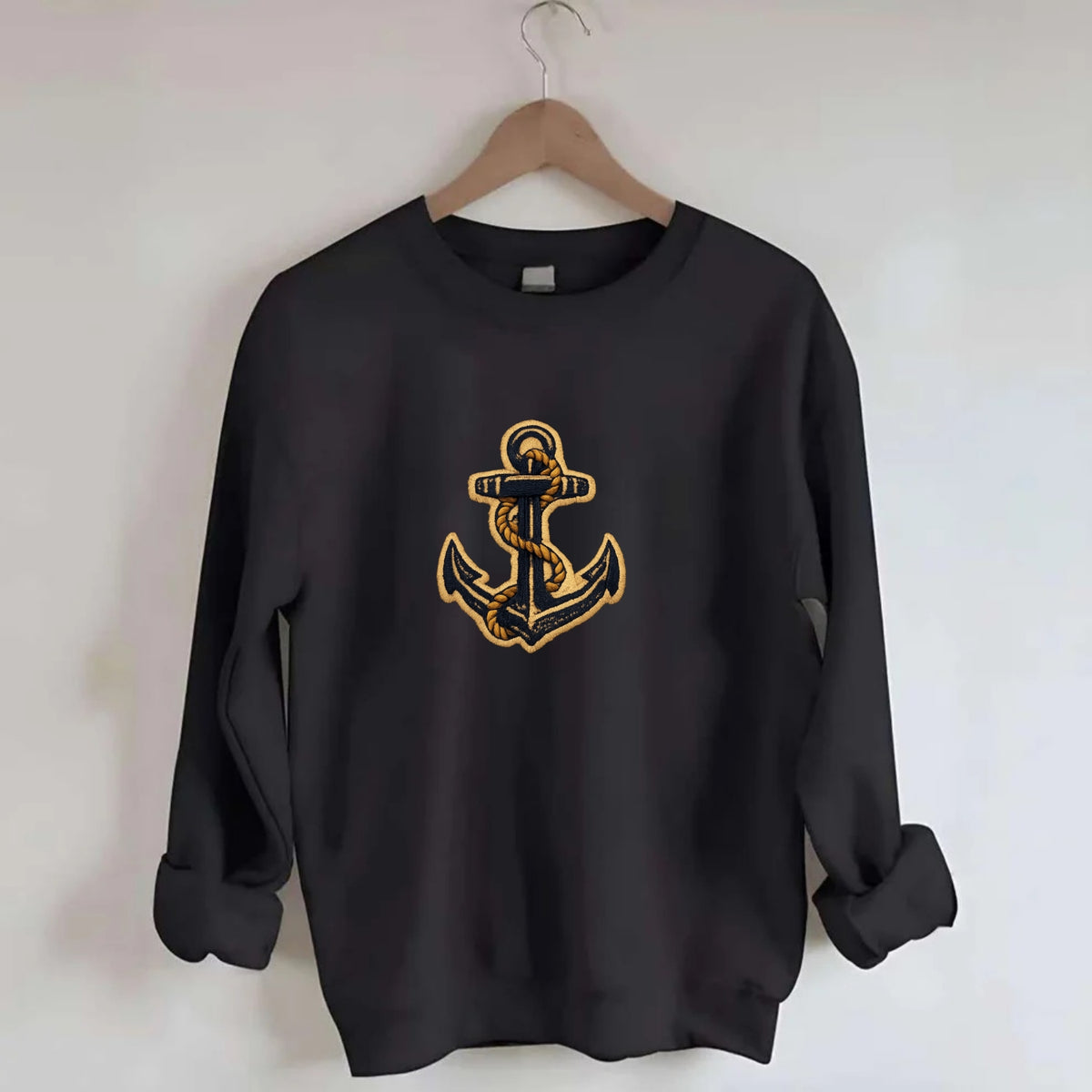 ANCHOR ROPE - classic anchor with rope in navy and gold , sailor - Crewneck Sweatshirt - black