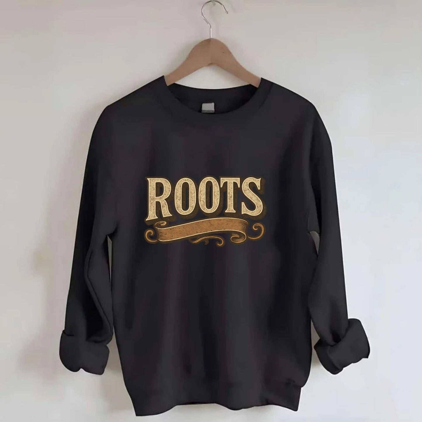 Bold typography design - "ROOTS" - where you come from, heritage - Crewneck Sweatshirt - black