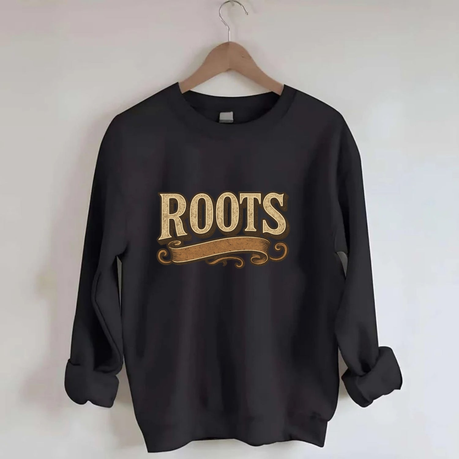 Bold typography design - "ROOTS" - where you come from, heritage - Crewneck Sweatshirt - black