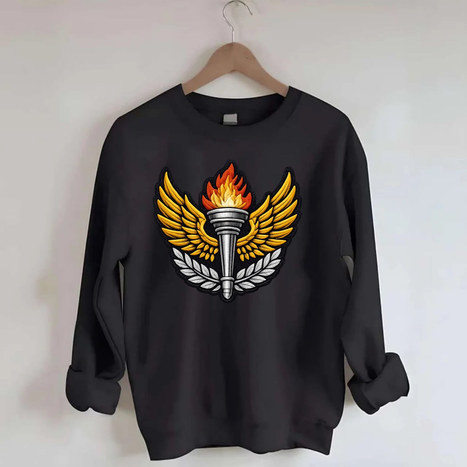 Embroidered patch design - TRACK AND FIELD TORCH - Olympic style torch with - Crewneck Sweatshirt - black