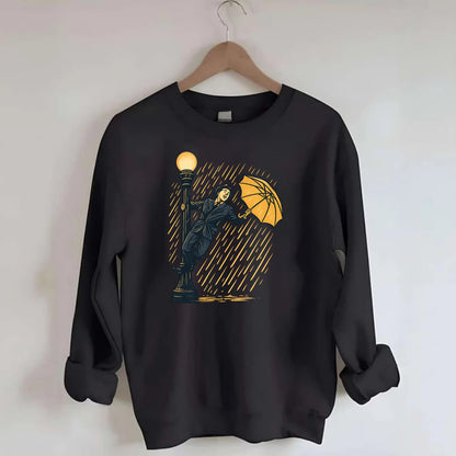 joyful dancing on lamppost in heavy rain with big smile - Crewneck Sweatshirt - black
