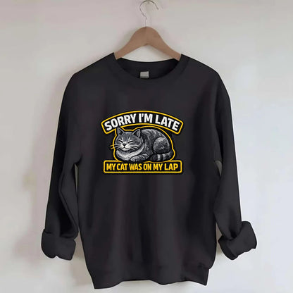 SORRY IM LATE MY CAT WAS ON MY LAP - cat loaf in gray , valid excuse - Crewneck Sweatshirt - black