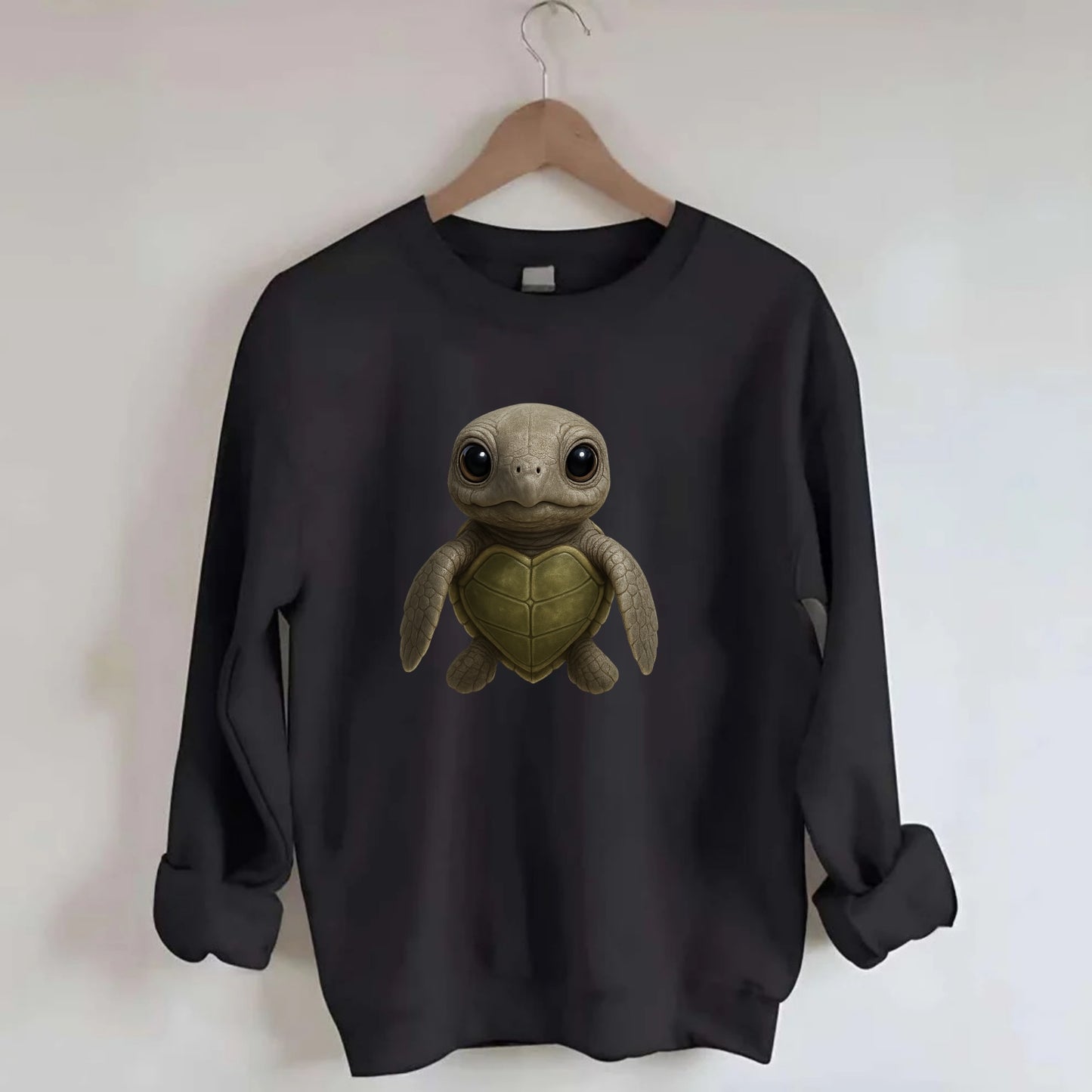 Baby Olive Ridley Turtle - olive green shell, heart-shaped carapace, bright - Crewneck Sweatshirt - black