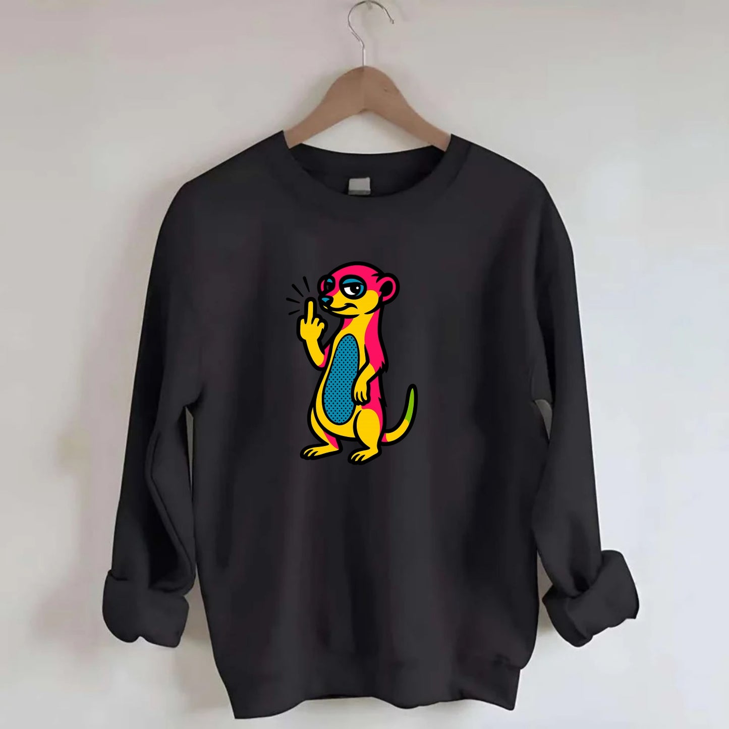 cute meerkat standing guard on hind legs, one front paw raised in sassy salute - Crewneck Sweatshirt - black