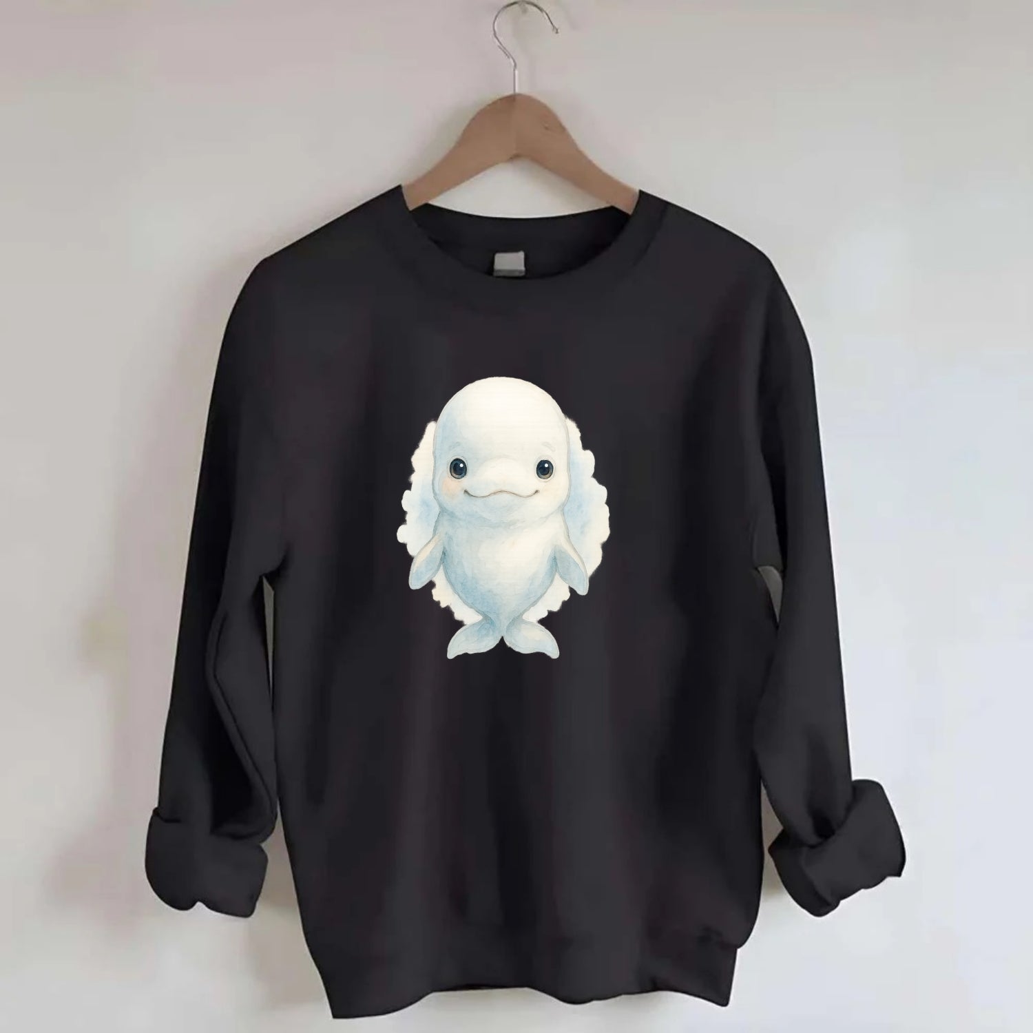 Baby Beluga Whale - pure white, rounded forehead, small eyes with big - Crewneck Sweatshirt - black