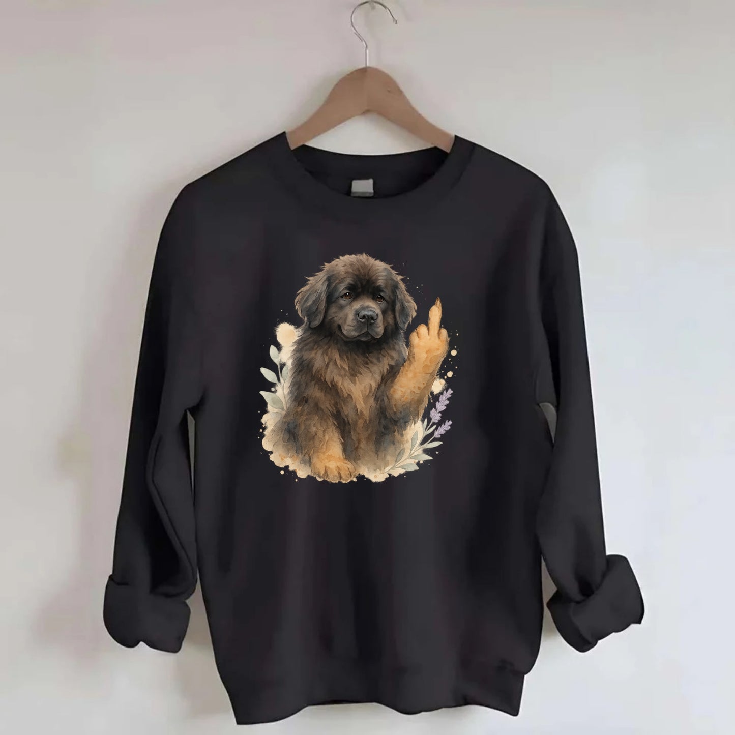 Newfoundland fluffy bear-like with webbed paws, massive gentle paw up - Crewneck Sweatshirt - black