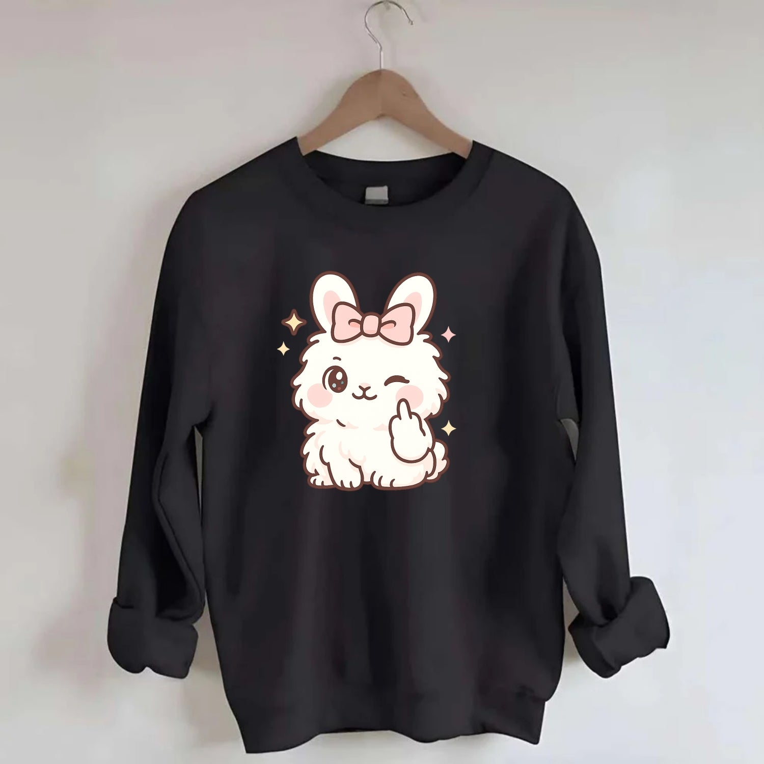 fluffy white angora rabbit with pink bow, one paw delicately flipping off - Crewneck Sweatshirt - black