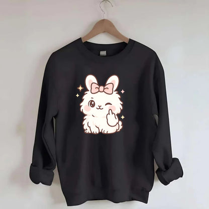 fluffy white angora rabbit with pink bow, one paw delicately flipping off - Crewneck Sweatshirt - black