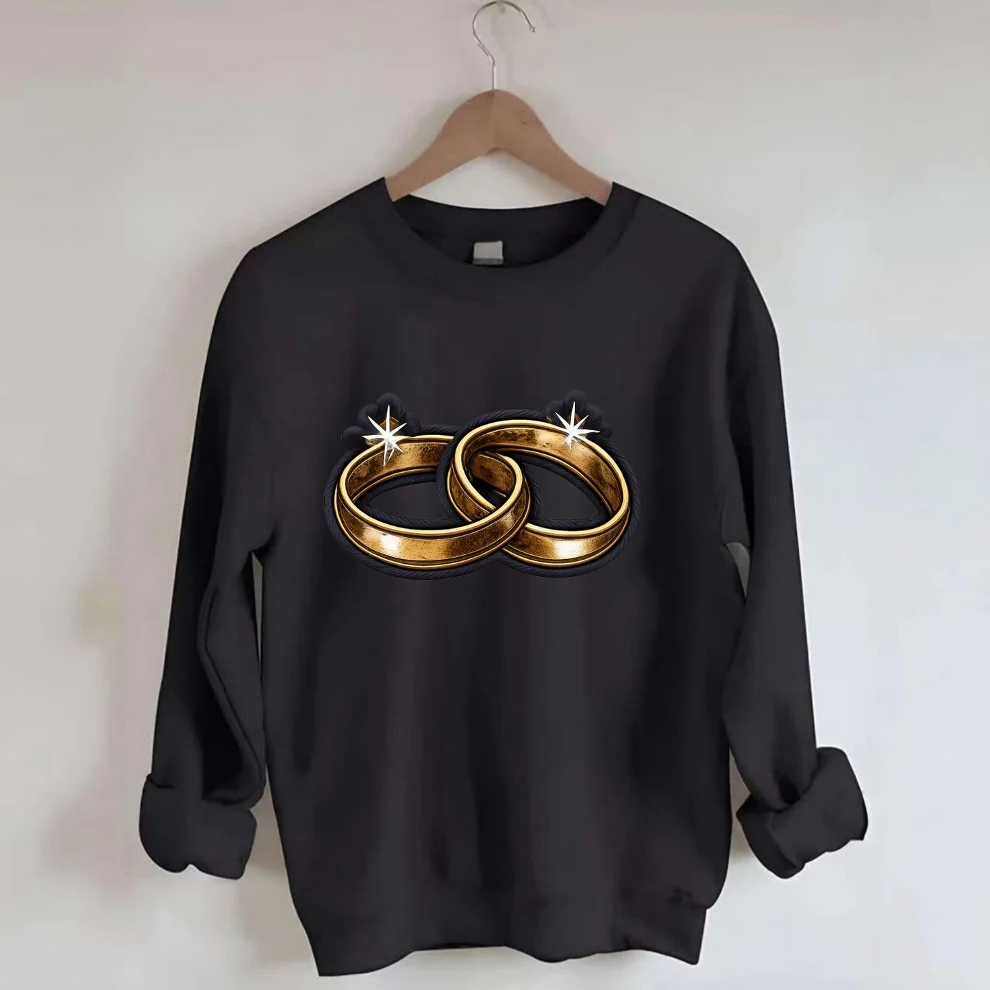 WEDDING RINGS - interlocked bands in gold , marriage - Crewneck Sweatshirt - black