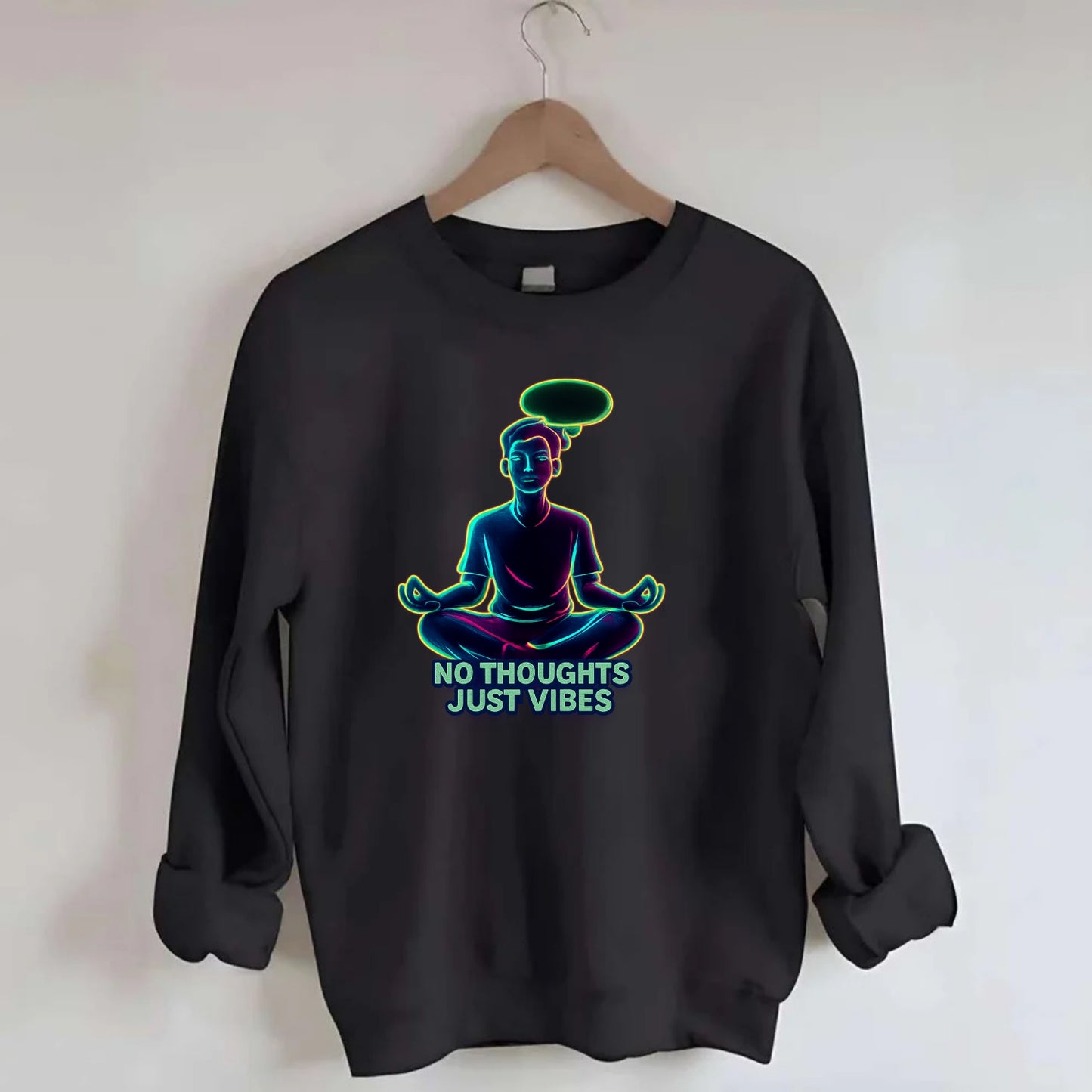 Peaceful floating figure with empty thought bubble - "no thoughts just vibes" - Crewneck Sweatshirt - black