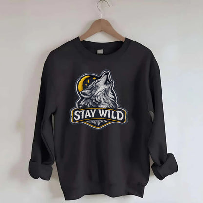 STAY WILD - wolf with text in gray , free spirit - Crewneck Sweatshirt - black