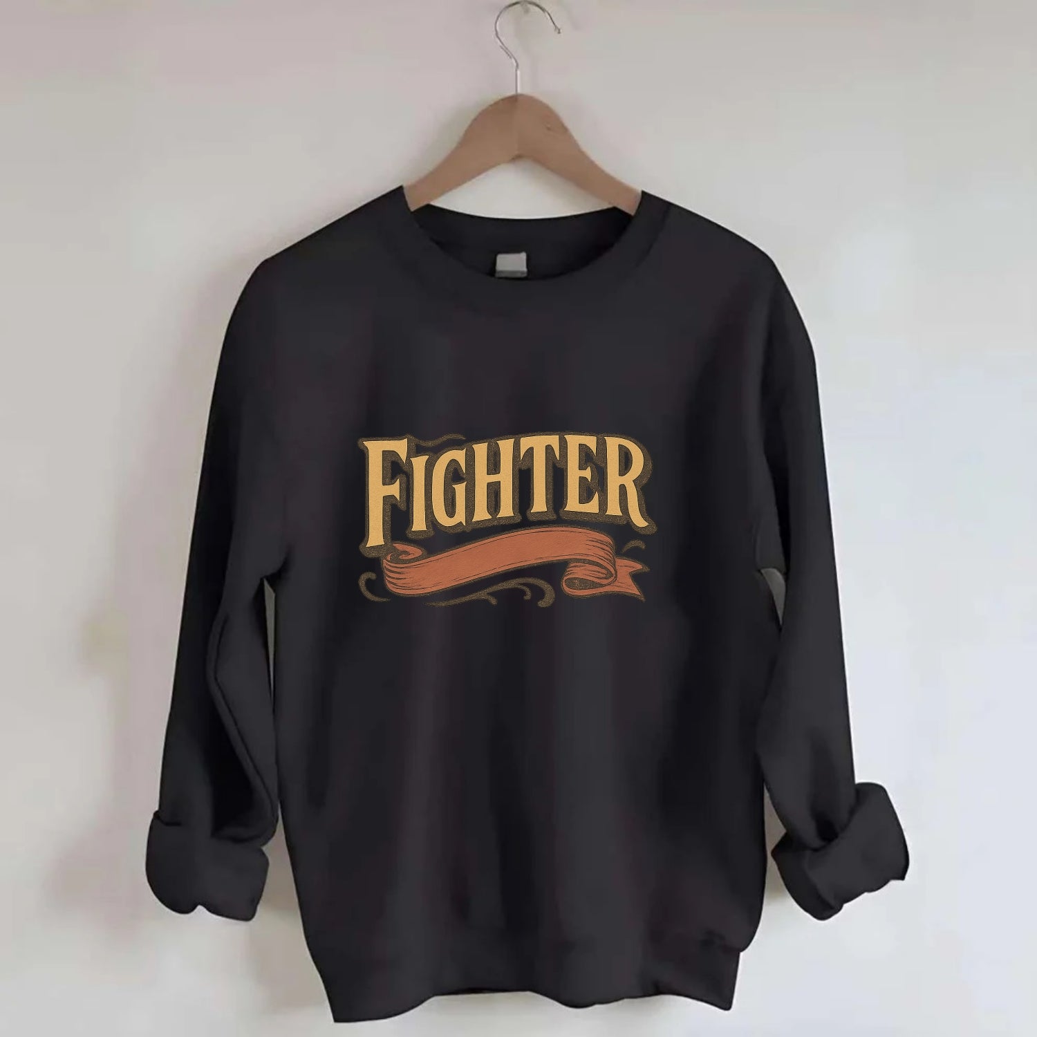 Bold typography design - "FIGHTER" - never giving up, battling on - Crewneck Sweatshirt - black