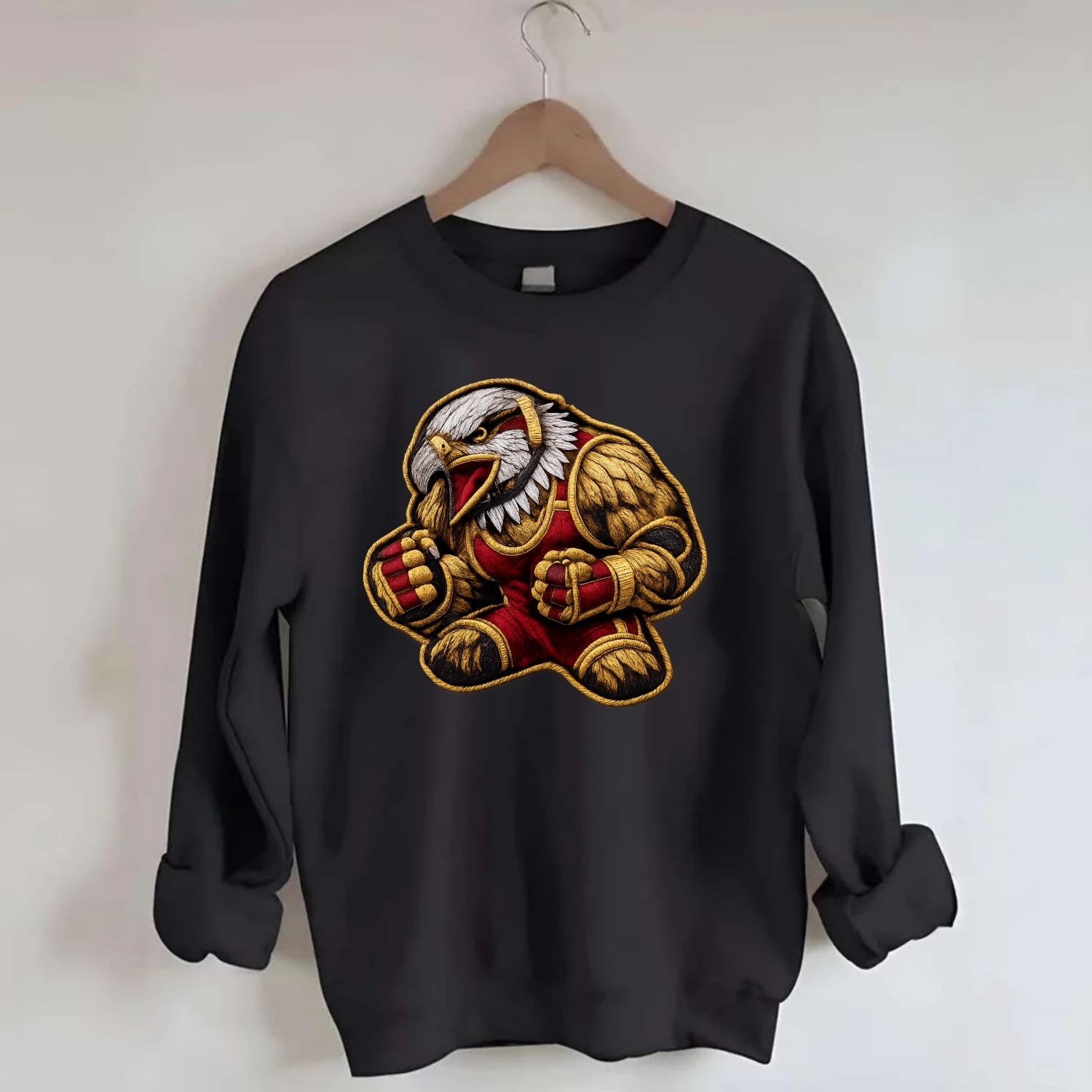 Embroidered patch design - WRESTLING EAGLE - fierce eagle with wrestling - Crewneck Sweatshirt - black