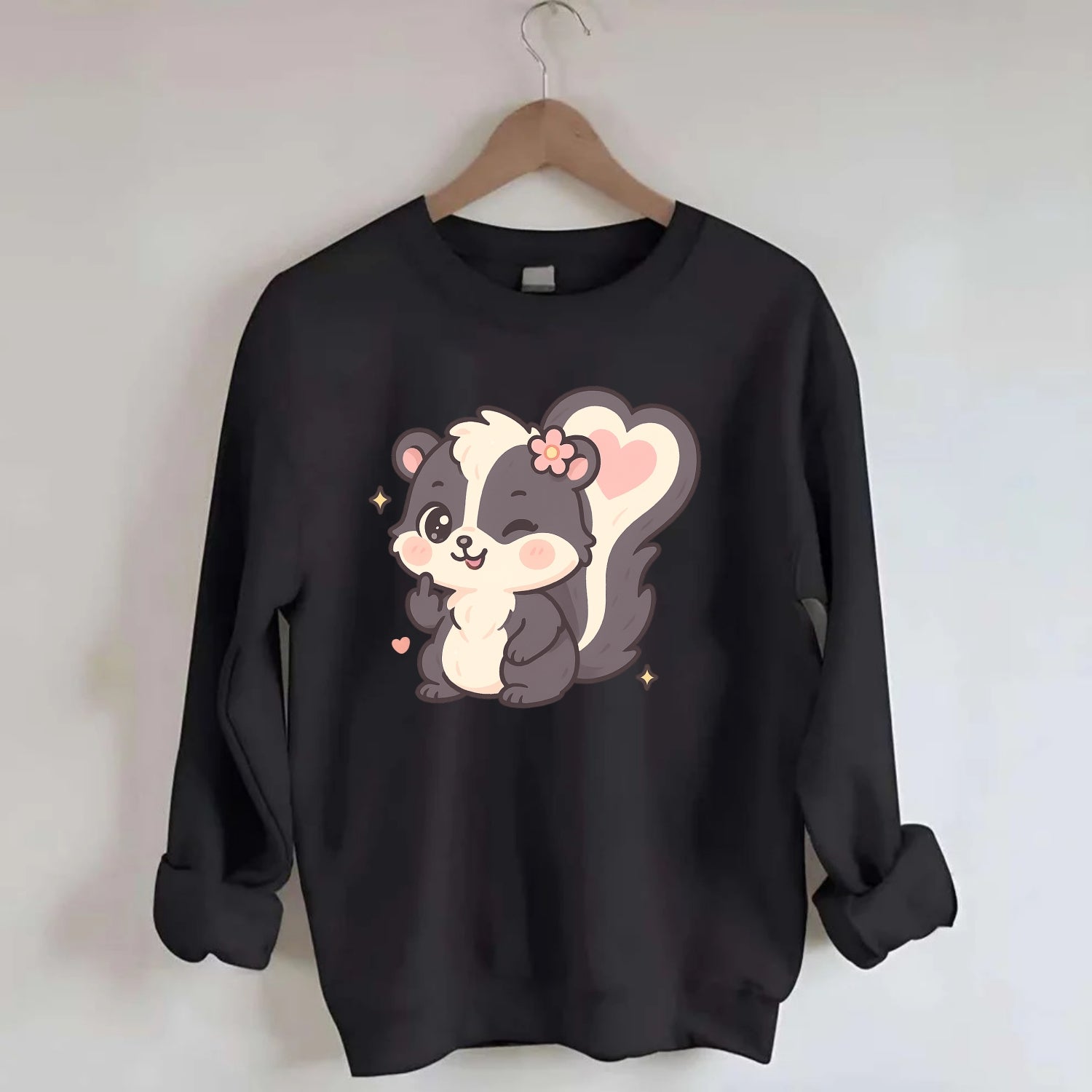 fluffy skunk with heart-shaped tail pattern, one paw up showing sass - Crewneck Sweatshirt - black