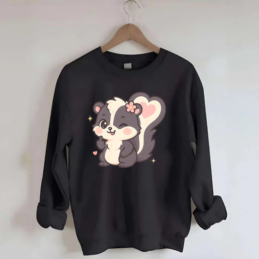 fluffy skunk with heart-shaped tail pattern, one paw up showing sass - Crewneck Sweatshirt - black