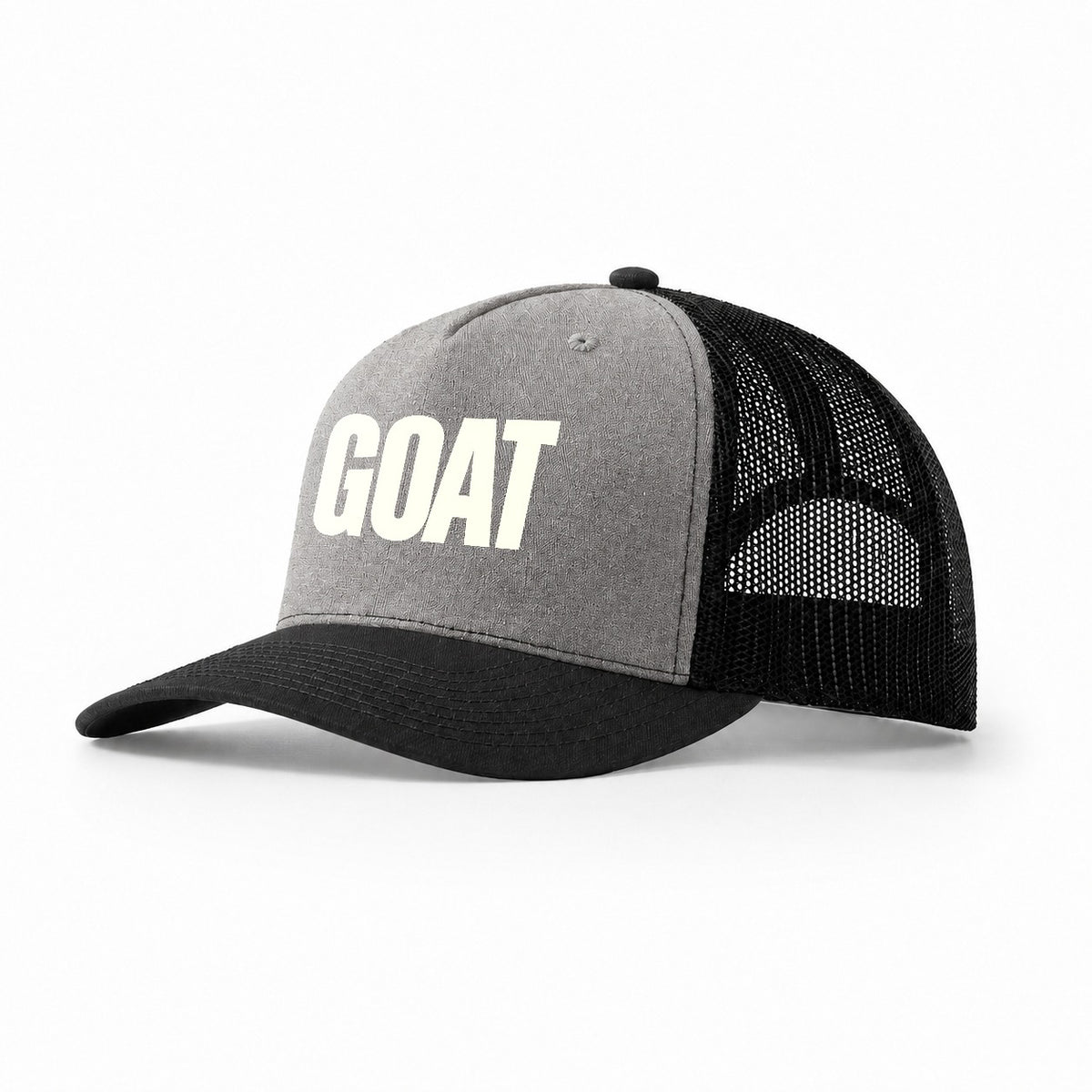 Bold Typography Design Goat Greatest Of All Time Trucker Hat – Grey-Black