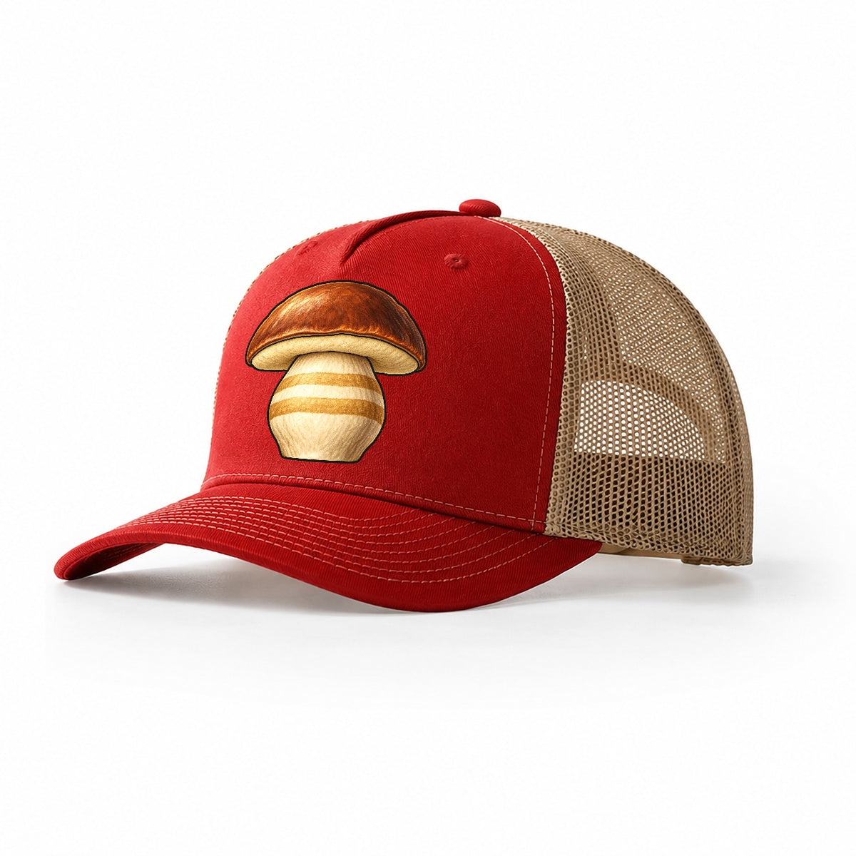 Bolete Hero Study Foraging And Mycology Trucker Hat – Red Khaki