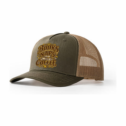 Books Naps And Coffee Retired Living Trucker Hat – Olive Khaki