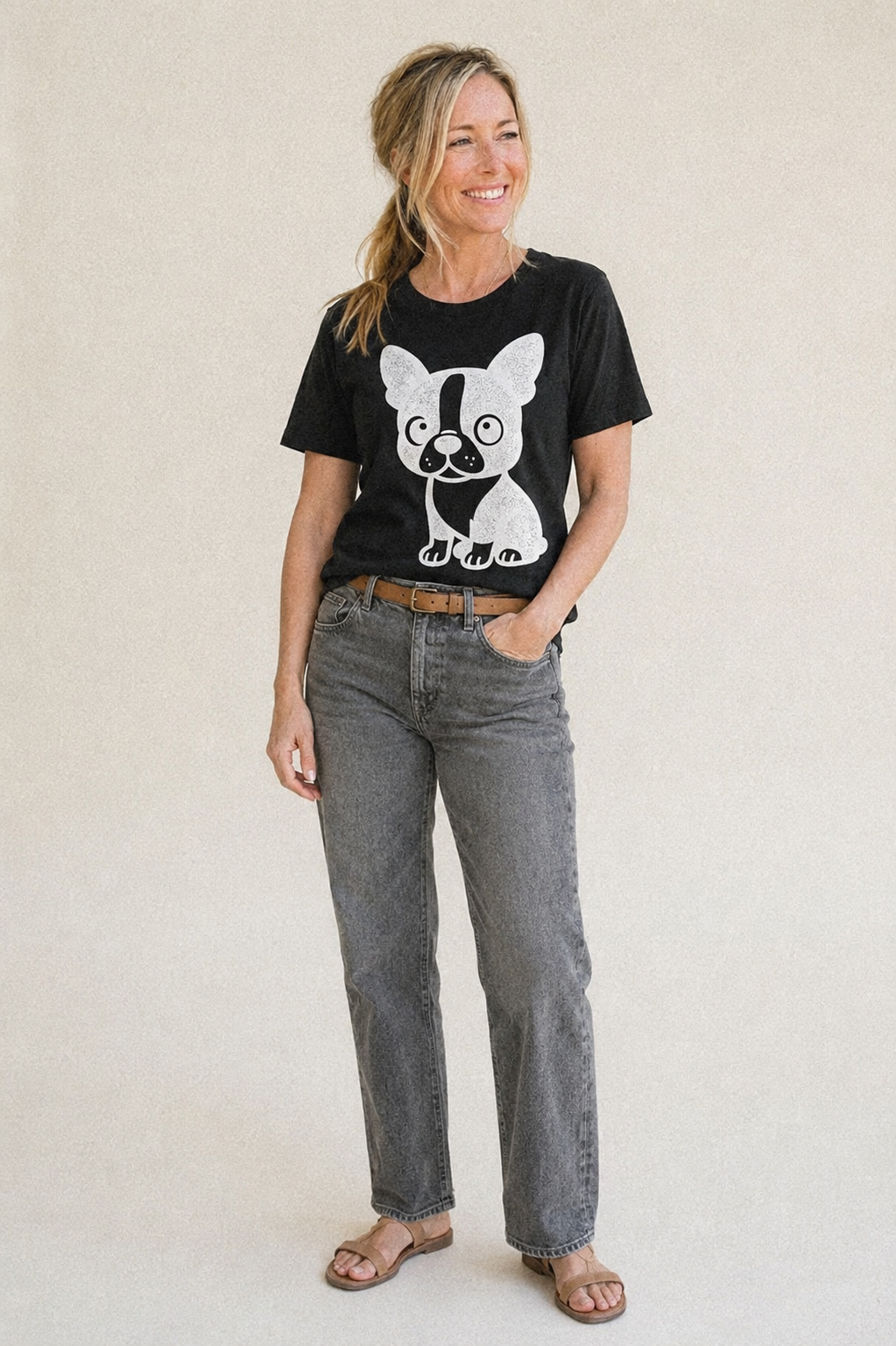 Boston Terrier Black And White Sitting Pose With Tuxedo Mark Classic T-shirt – studio model photo