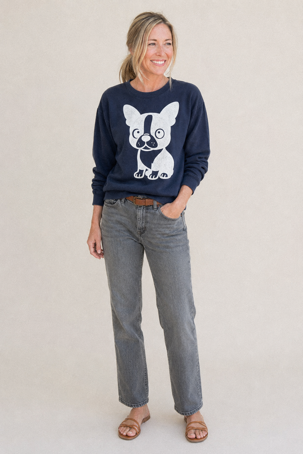 Boston Terrier Black And White Sitting Pose With Tuxedo Mark Fleece Sweatshirt – studio model photo