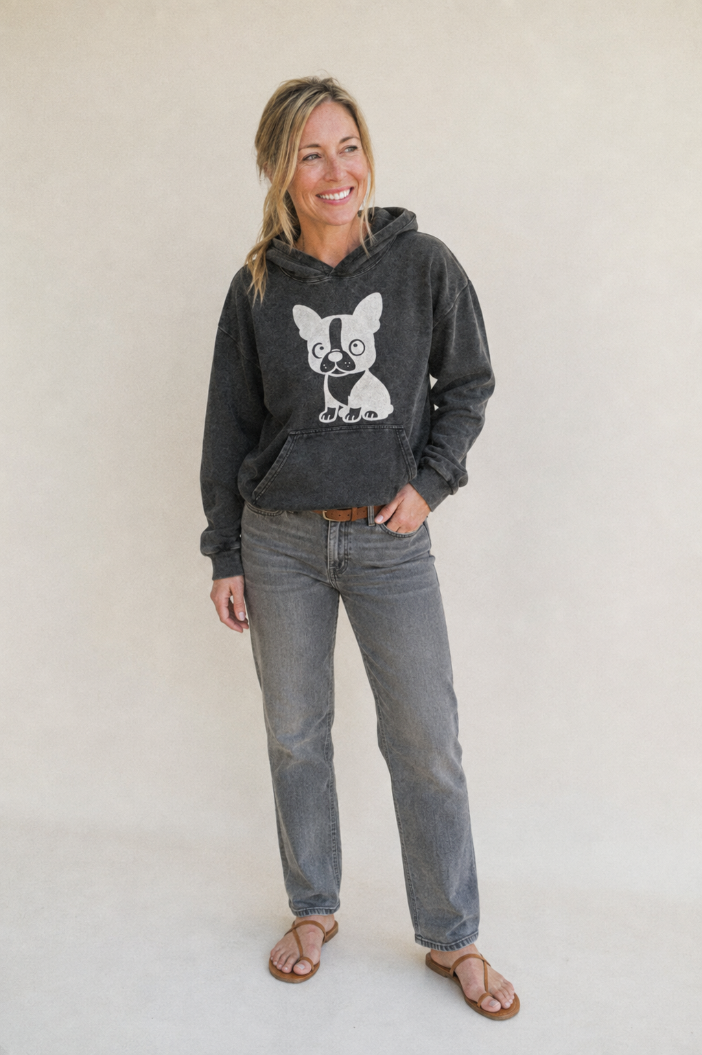 Boston Terrier Black And White Sitting Pose With Tuxedo Mark Vintage Washed Hoodie – studio model photo